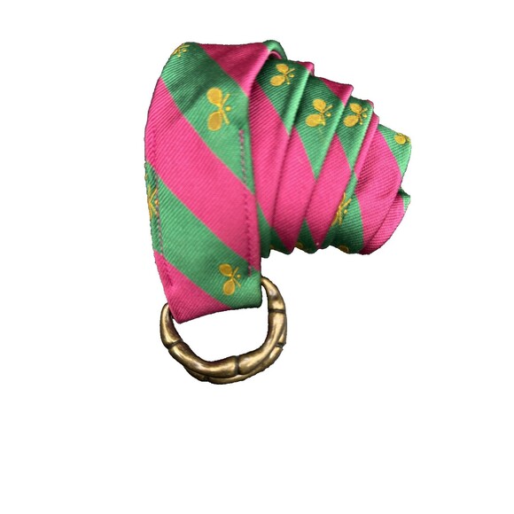 J.Crew Belt Womens S/M Pink Green Striped Silk D Ring Tennis Racket Preppy - Picture 7 of 7